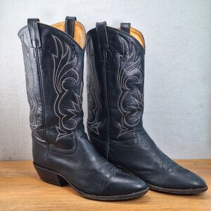 Jama Old West Men's 10D Slip-On Cowboy Boots Black Leather Embroidered Vintage